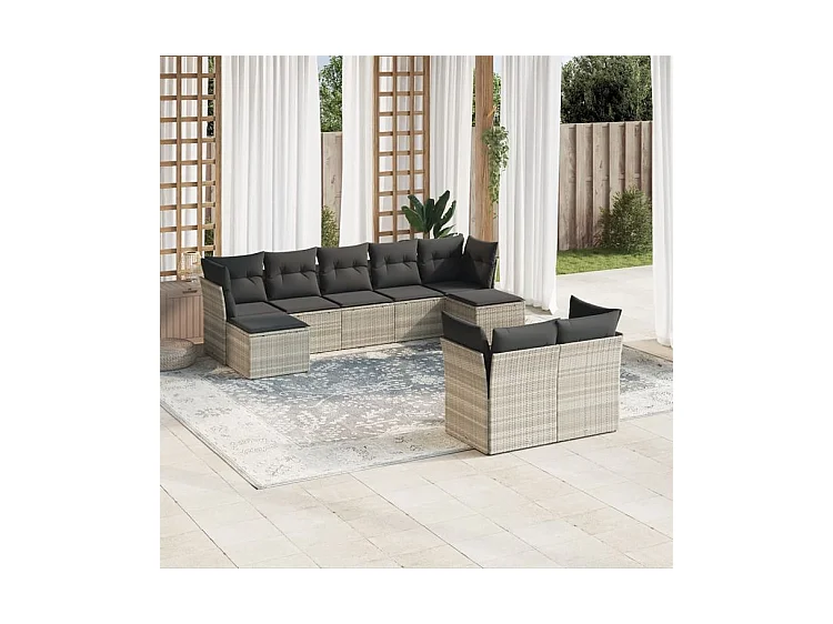 Salon de jardin 9 pcs avec coussins gris clair résine tressée