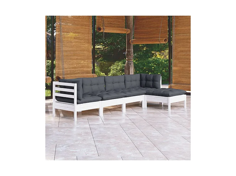 Salon de jardin 5 pcs avec coussins blanc bois de pin