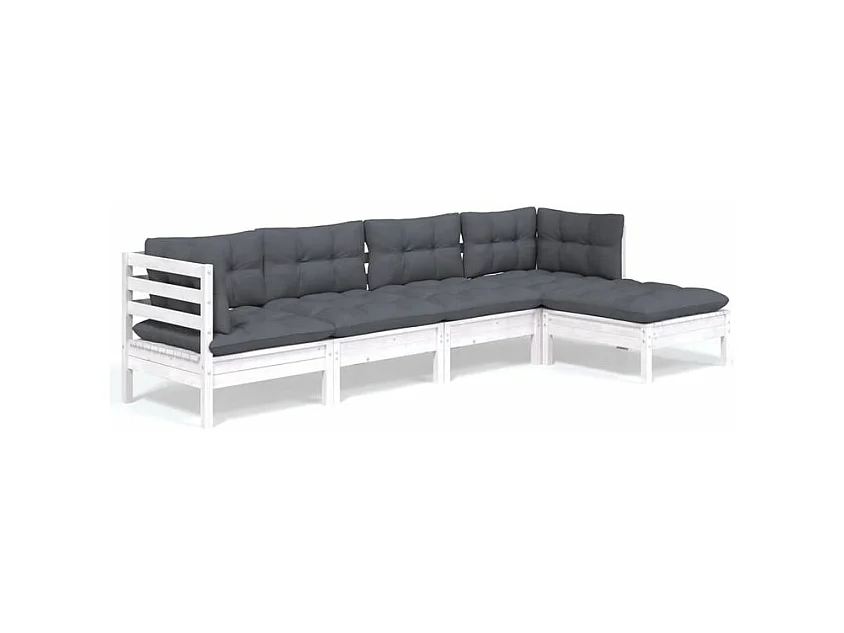Salon de jardin 5 pcs avec coussins blanc bois de pin