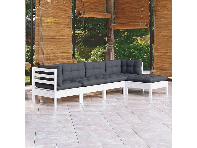 Salon de jardin 5 pcs avec coussins blanc bois de pin