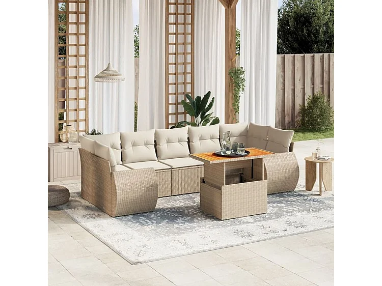 Salon de jardin avec coussins 8 pcs beige résine tressée
