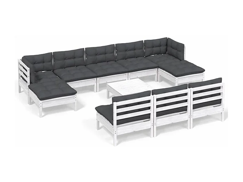 Salon de jardin 11 pcs avec coussins blanc bois de pin