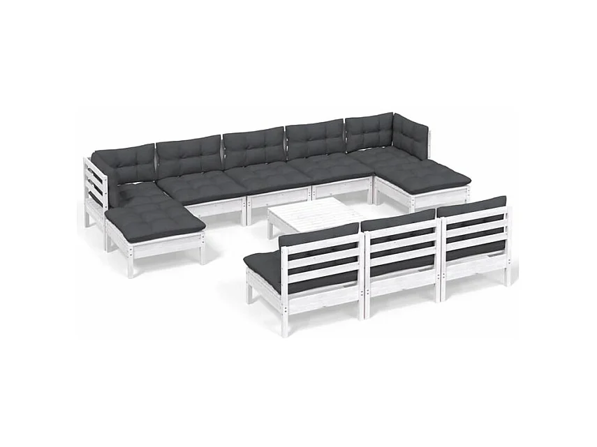 Salon de jardin 11 pcs avec coussins blanc bois de pin
