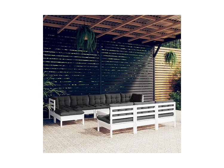 Salon de jardin 11 pcs avec coussins blanc bois de pin
