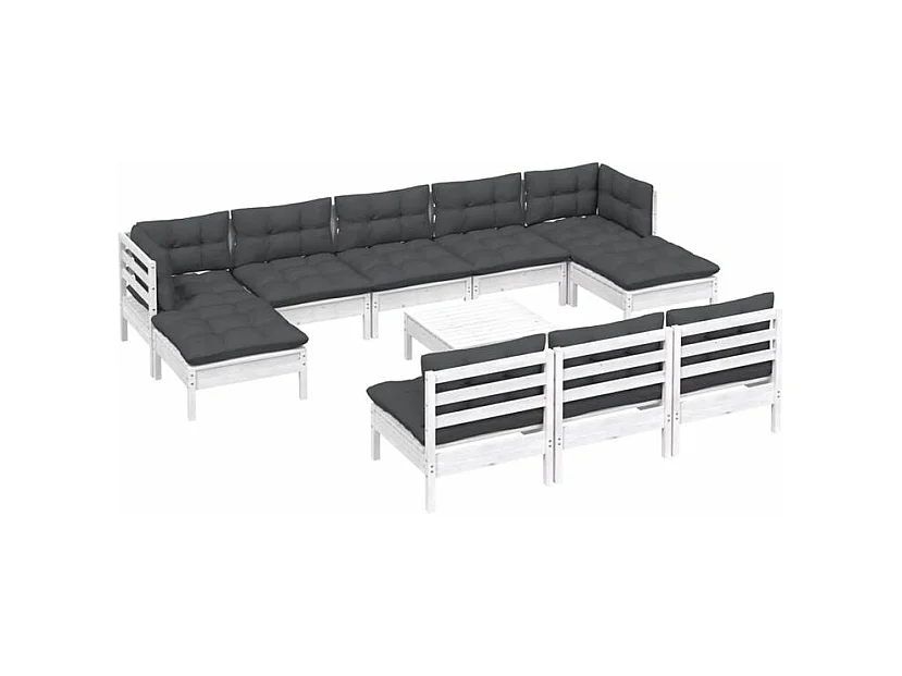 Salon de jardin 11 pcs avec coussins blanc bois de pin