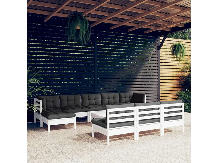 Salon de jardin 11 pcs avec coussins blanc bois de pin