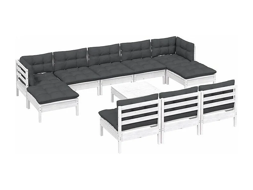 Salon de jardin 11 pcs avec coussins blanc bois de pin