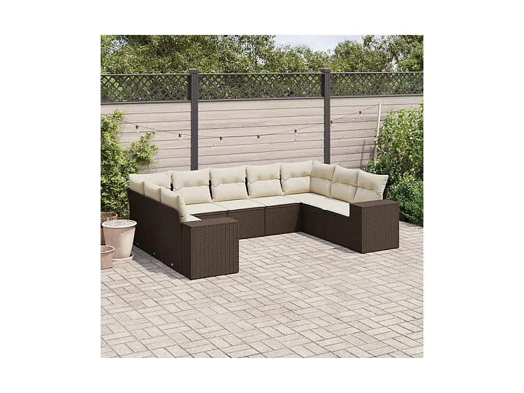 Salon de jardin avec coussins 9 pcs marron résine tressée