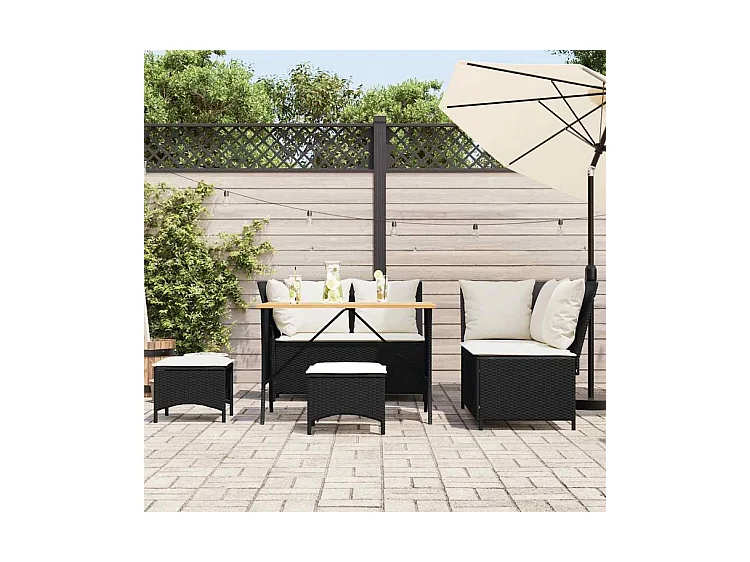 Salon de jardin 5 pcs avec coussins noir résine tressée