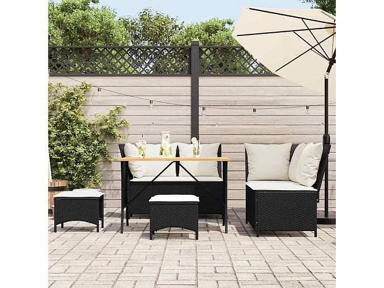 Salon de jardin 5 pcs avec coussins noir résine tressée