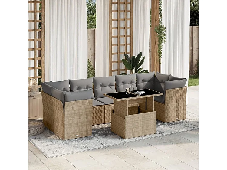 Salon de jardin avec coussins 8 pcs beige résine tressée