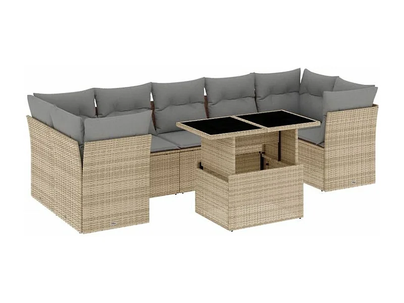 Salon de jardin avec coussins 8 pcs beige résine tressée