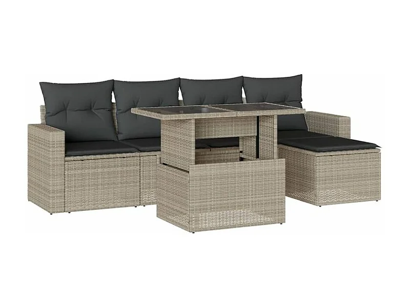 Salon de jardin 6 pcs avec coussins gris clair résine tressée