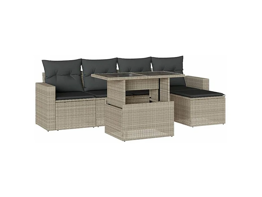 Salon de jardin 6 pcs avec coussins gris clair résine tressée