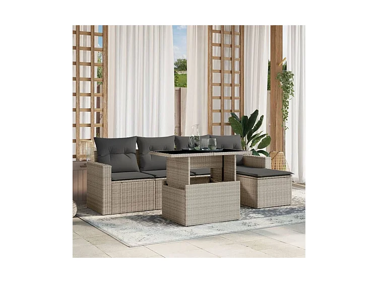 Salon de jardin 6 pcs avec coussins gris clair résine tressée