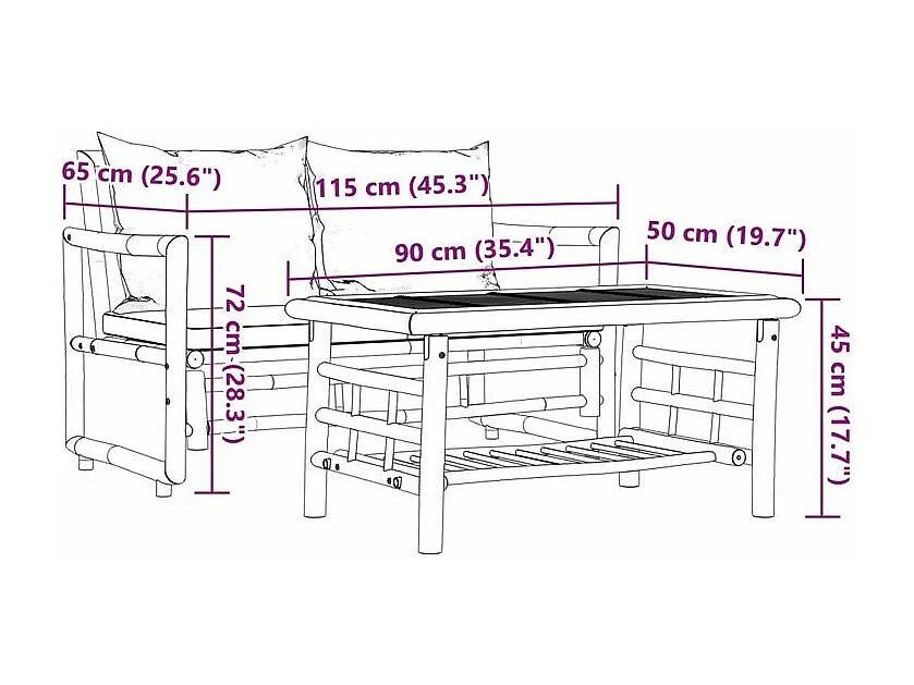 Salon de jardin 2 pcs avec coussins bambou