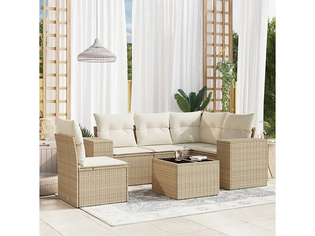 Salon de jardin avec coussins 6 pcs beige résine tressée