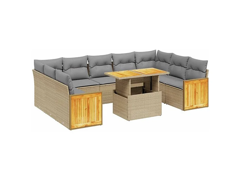 Salon de jardin avec coussins 10 pcs beige résine tressée