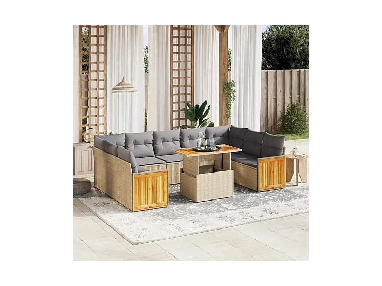 Salon de jardin avec coussins 10 pcs beige résine tressée