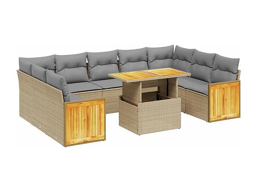 Salon de jardin avec coussins 10 pcs beige résine tressée