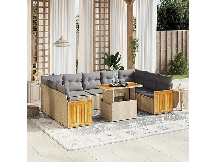Salon de jardin avec coussins 10 pcs beige résine tressée