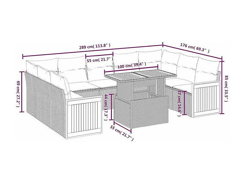 Salon de jardin avec coussins 10 pcs beige résine tressée