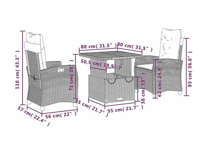 Ensemble à manger de jardin avec coussins 3 pcs Noir