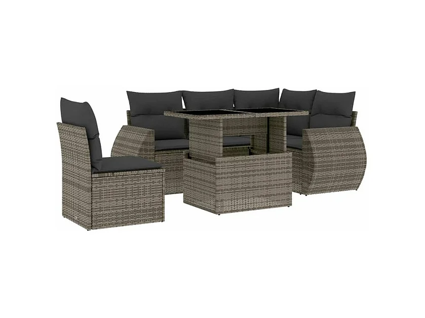 Salon de jardin 6 pcs avec coussins gris résine tressée