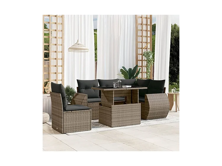 Salon de jardin 6 pcs avec coussins gris résine tressée