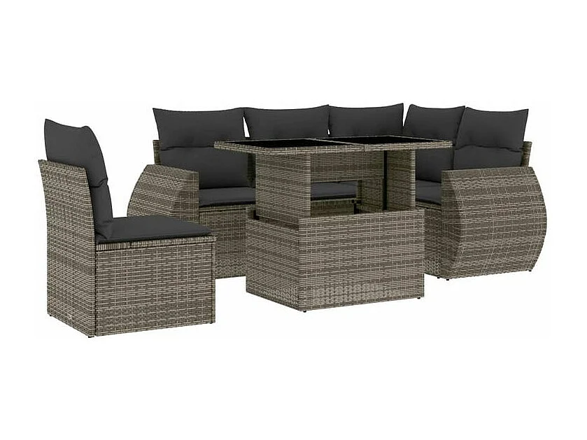 Salon de jardin 6 pcs avec coussins gris résine tressée