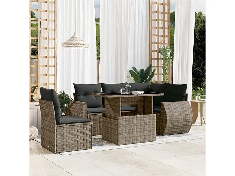Salon de jardin 6 pcs avec coussins gris résine tressée