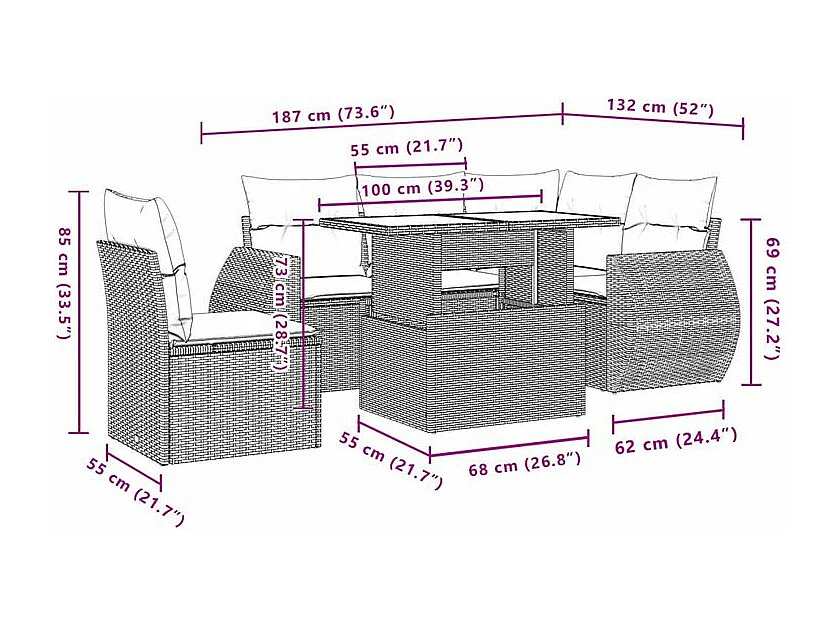 Salon de jardin 6 pcs avec coussins gris résine tressée