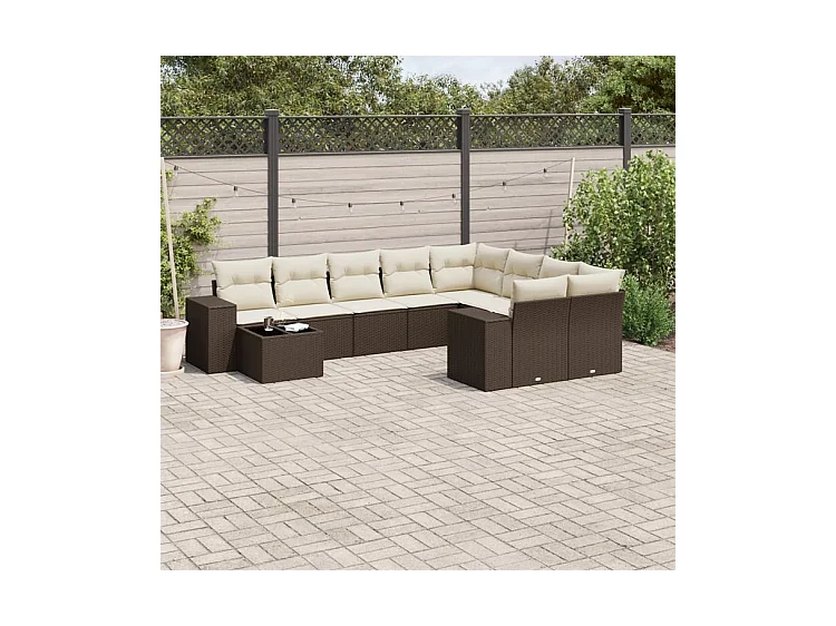 Salon de jardin 10 pcs avec coussins marron résine tressée