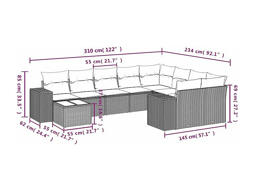 Salon de jardin 10 pcs avec coussins marron résine tressée