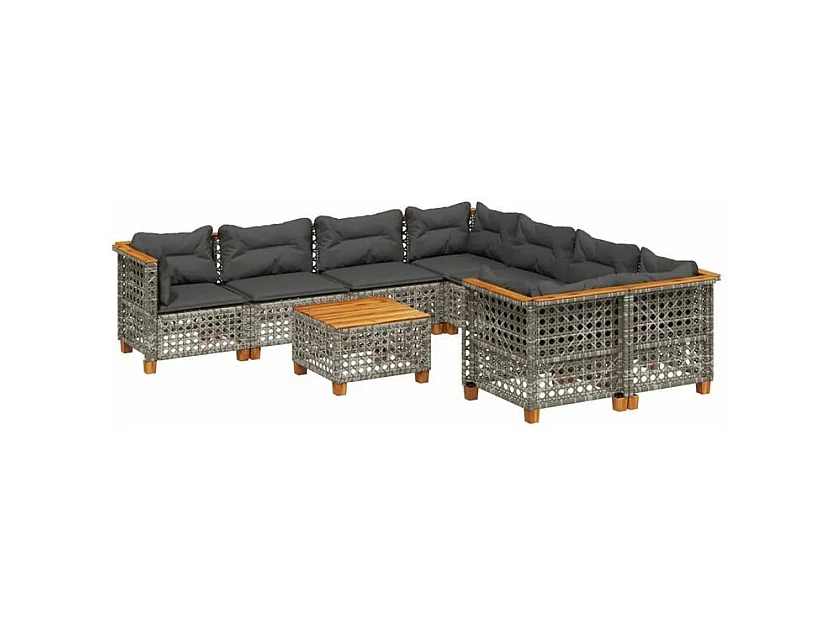 Salon de jardin 9 pcs avec coussins gris résine tressée