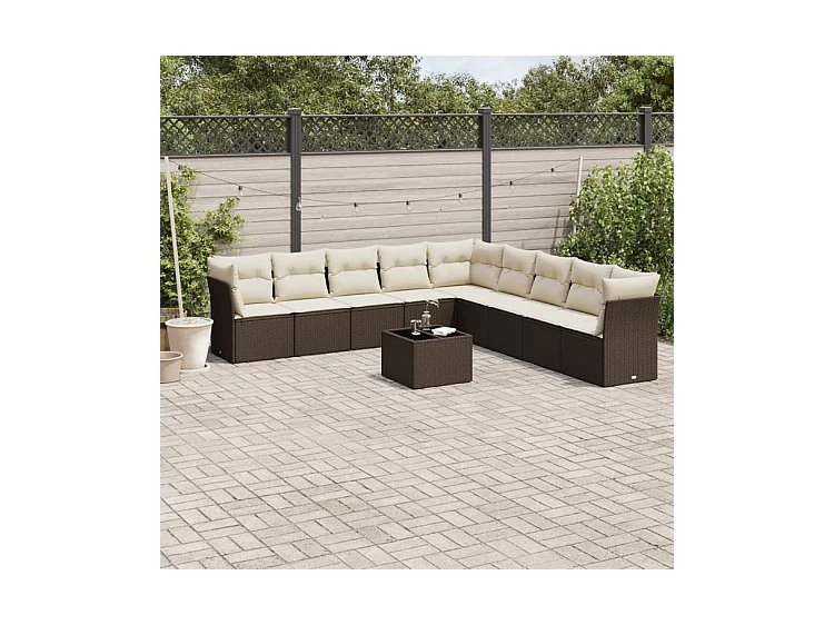 Salon de jardin 10 pcs avec coussins marron résine tressée