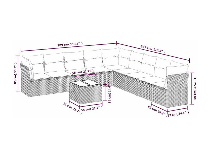 Salon de jardin 10 pcs avec coussins marron résine tressée
