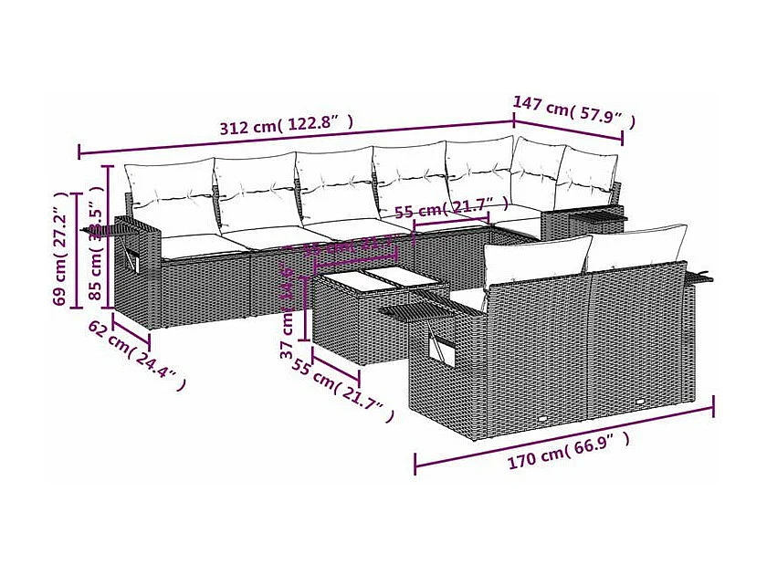 Salon de jardin avec coussins 9 pcs marron résine tressée