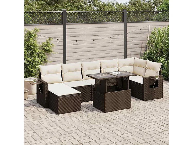 Salon de jardin 8 pcs avec coussins marron résine tressée