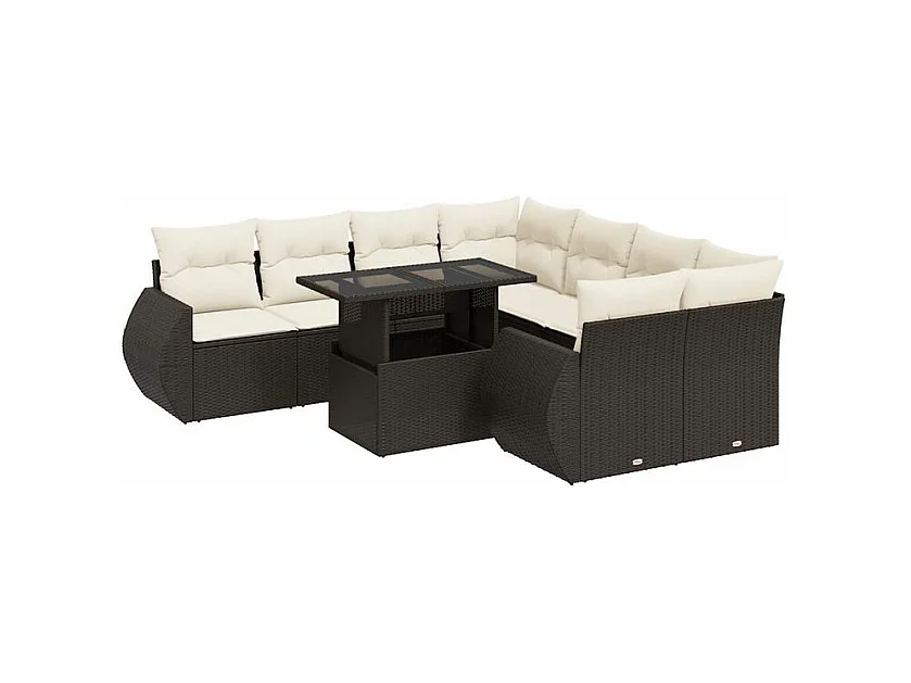 Salon de jardin avec coussins 9 pcs marron résine tressée