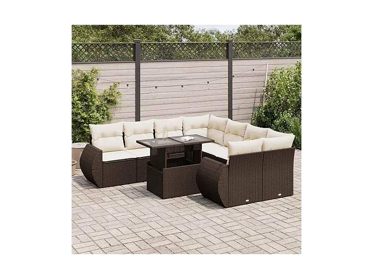 Salon de jardin avec coussins 9 pcs marron résine tressée