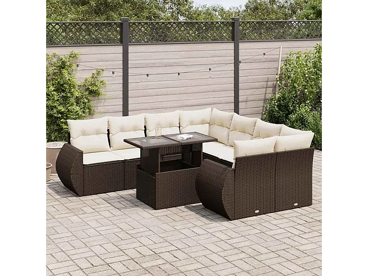 Salon de jardin avec coussins 9 pcs marron résine tressée