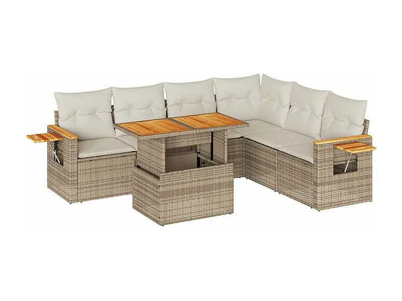 Salon de jardin 6 pcs avec coussins beige résine tressée acacia