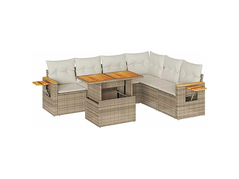 Salon de jardin 6 pcs avec coussins beige résine tressée acacia