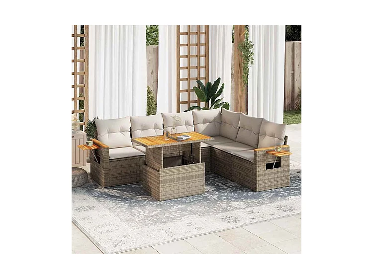 Salon de jardin 6 pcs avec coussins beige résine tressée acacia