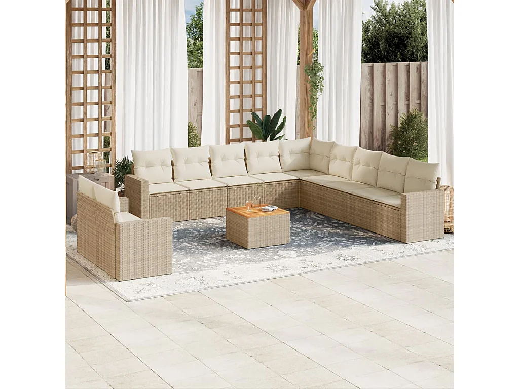 Salon de jardin avec coussins 12 pcs beige résine tressée