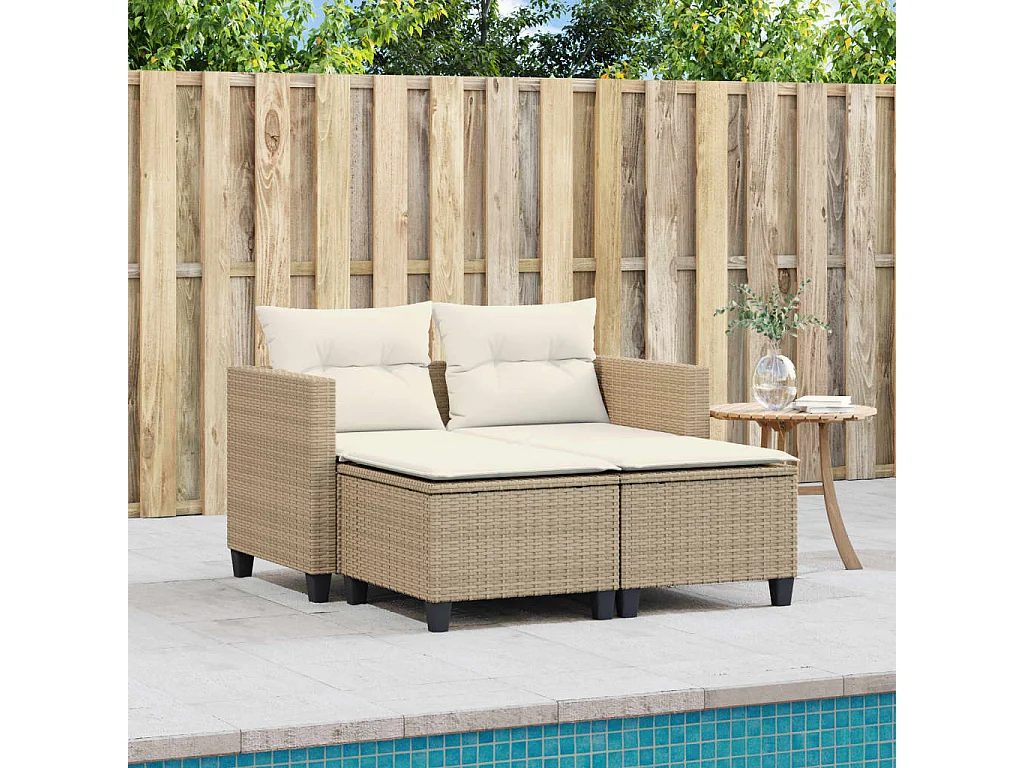 Canapé de jardin 2 places avec tabourets beige résine tressée