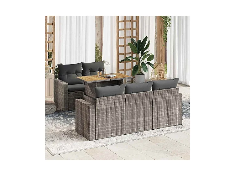 Salon de jardin 6 pcs avec coussins gris résine tressée