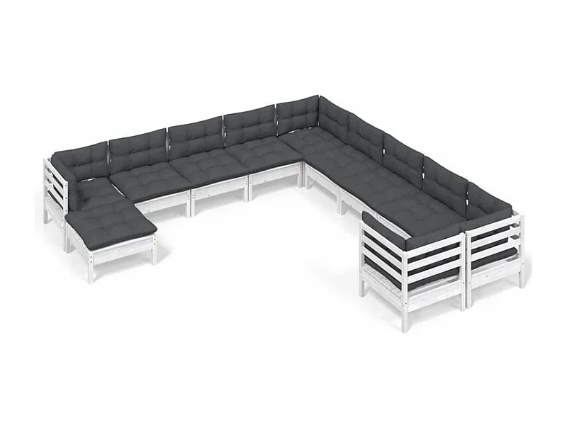 Salon de jardin 11 pcs avec coussins blanc bois de pin