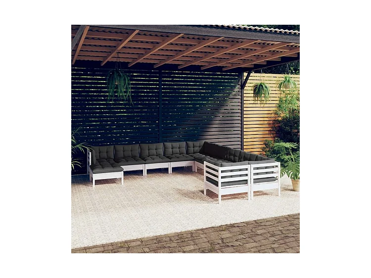 Salon de jardin 11 pcs avec coussins blanc bois de pin
